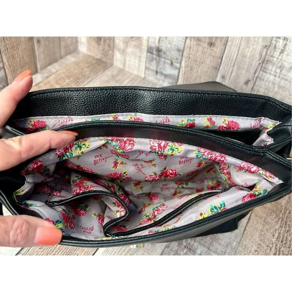 Betsey Johnson Black Leather Top Handle Satchel Crossbody Handbag Retails $100 - Picture 7 of 12